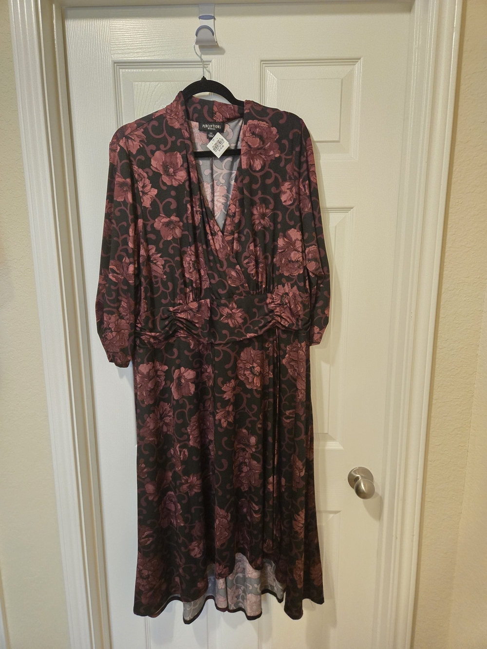 Perceptions Black and Plum Floral Wrap-Style Midi Dress